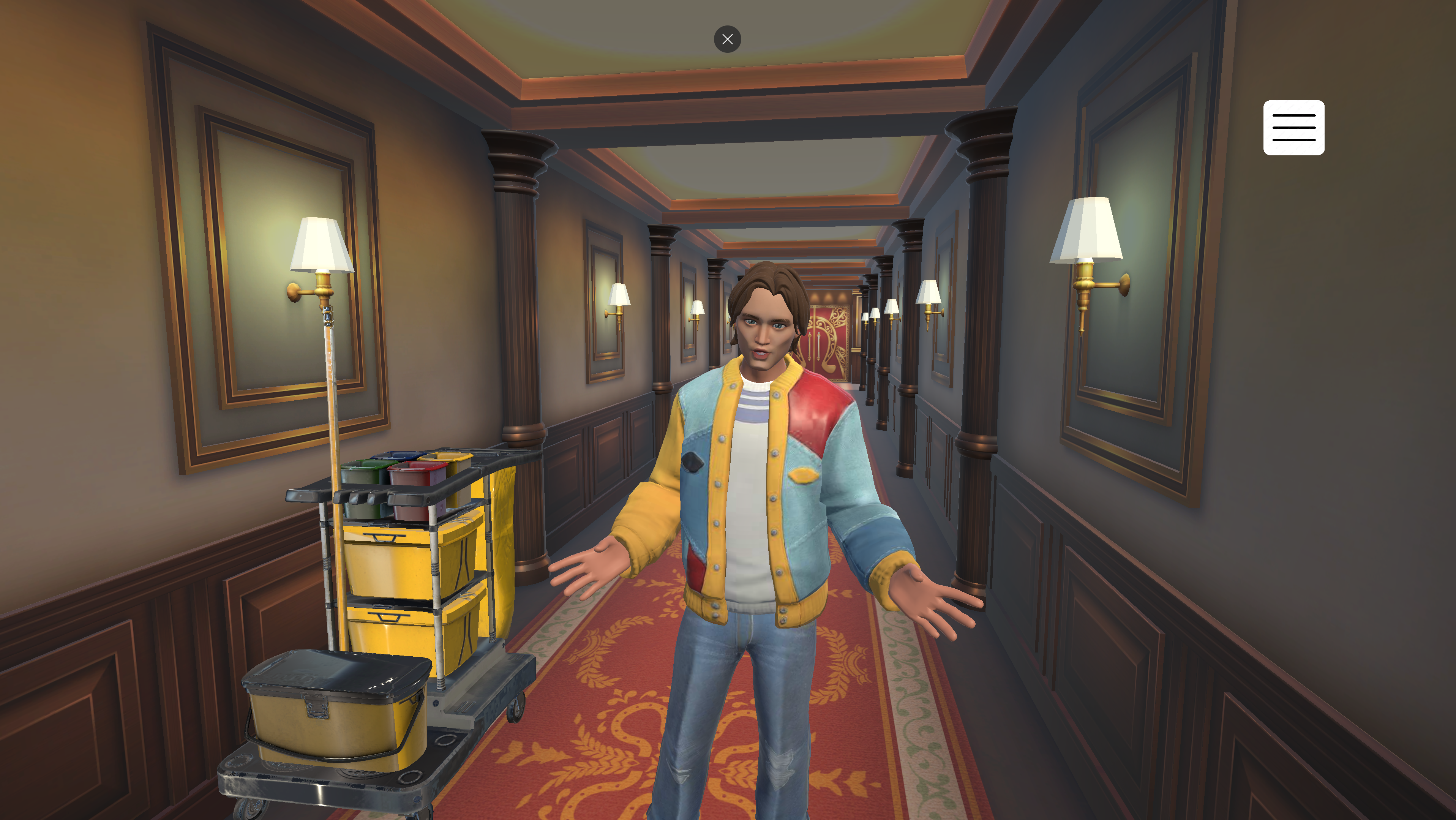 SMART-B simulator: virtual character beside a yellow cleaning cart in a hotel corridor