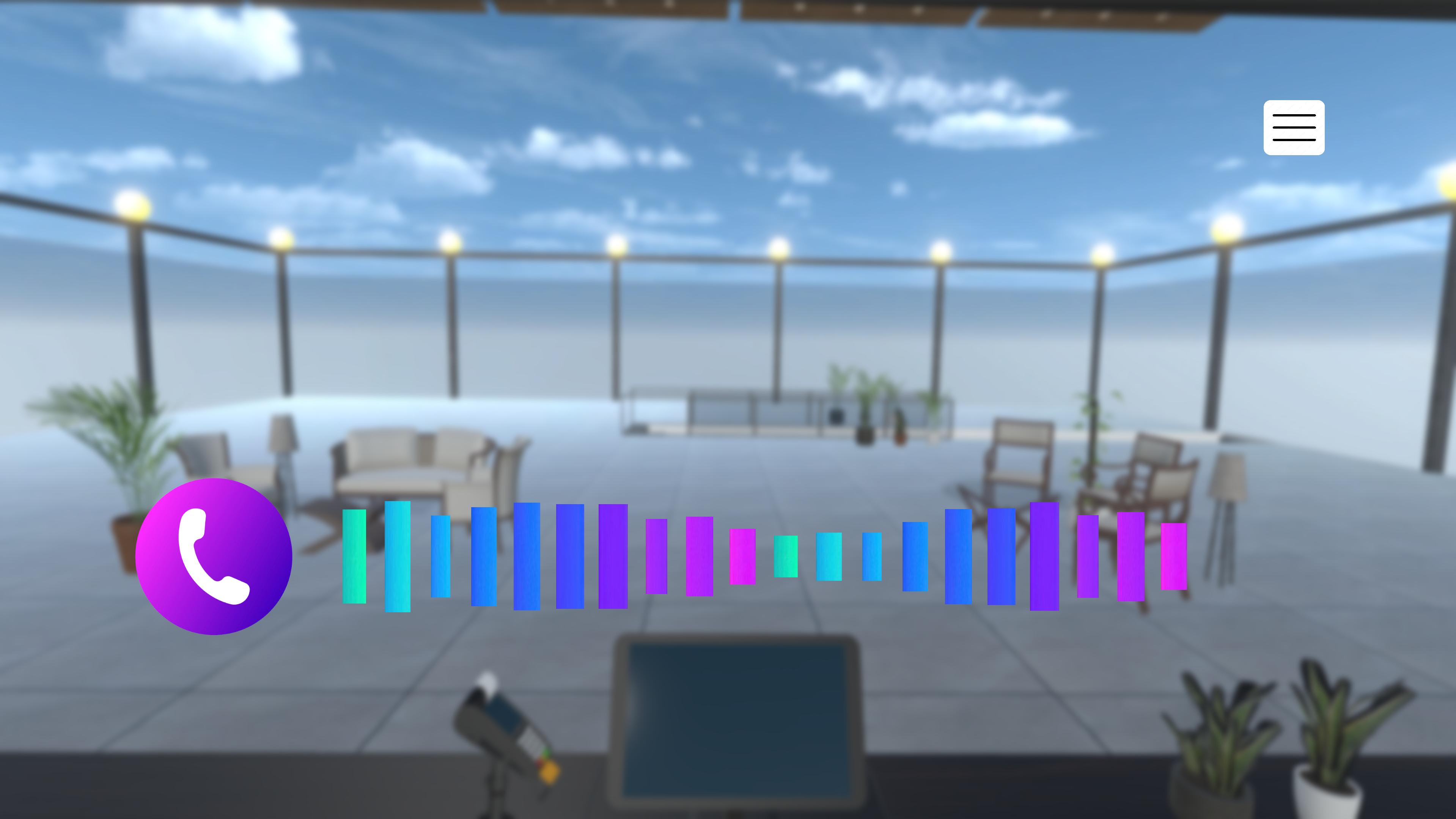 SMART-B simulator: telephone icon and colourful audio bars in front of a virtual terrace